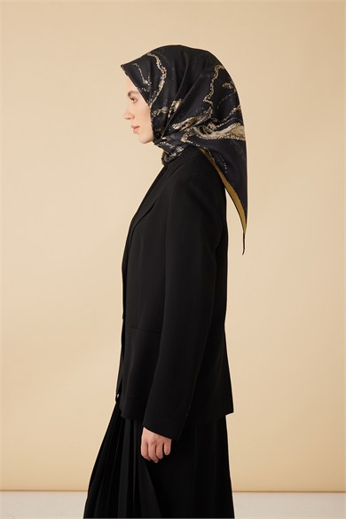 CEVLAN MULBERRY İPEK EŞARP 90*90 CM - GOLD SİYAH