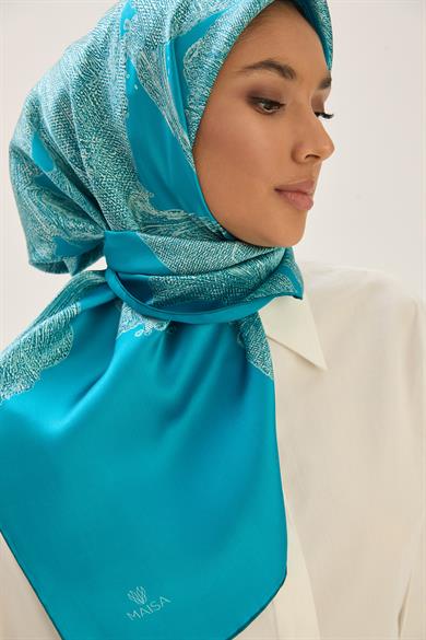 FARAH SURA İPEK EŞARP 90*90 CM - PETROL MAVİ