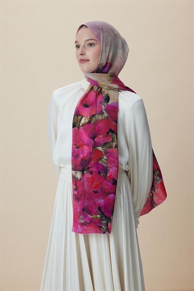 GELİNCİK KREP İPEK ŞAL 70*190 CM - FUŞYA