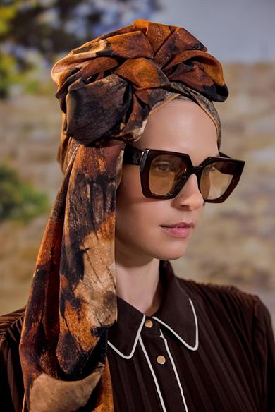 GELİNCİK KREP İPEK ŞAL 70*190 CM - KAHVERENGİ