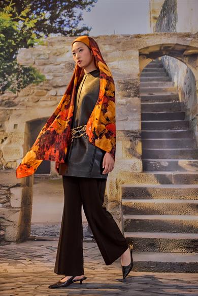 GELİNCİK KREP İPEK ŞAL 70*190 CM - TURUNCU