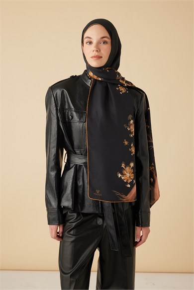 GEVHER PAMUK İPEK ŞAL 70*190 CM - GOLD SİYAH