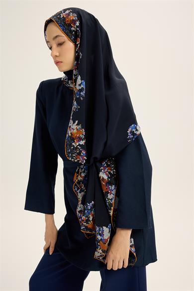 GİNA KREP İPEK ŞAL 70*190 CM - LACİVERT