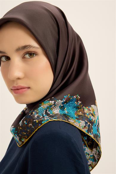 GİNA TİVİL İPEK EŞARP 90*90 CM - KAHVERENGİ