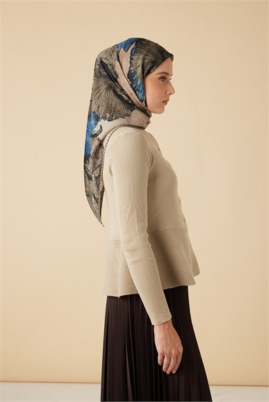 GİNKO YÜN ÜÇGEN ŞAL 140*140/2 CM - BEJ MAVİ