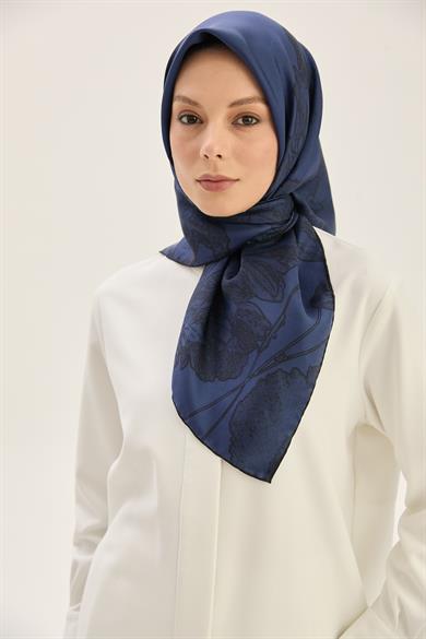 HALE TİVİL İPEK EŞARP 90*90 CM - GECE MAVİ