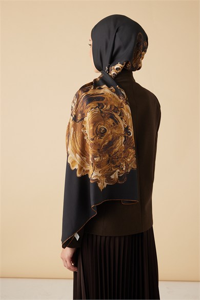 HARE PAMUK İPEK ŞAL 70*190 CM - GOLD SİYAH