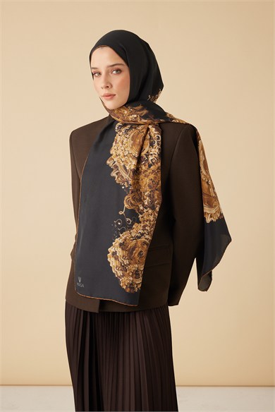 HARE PAMUK İPEK ŞAL 70*190 CM - GOLD SİYAH