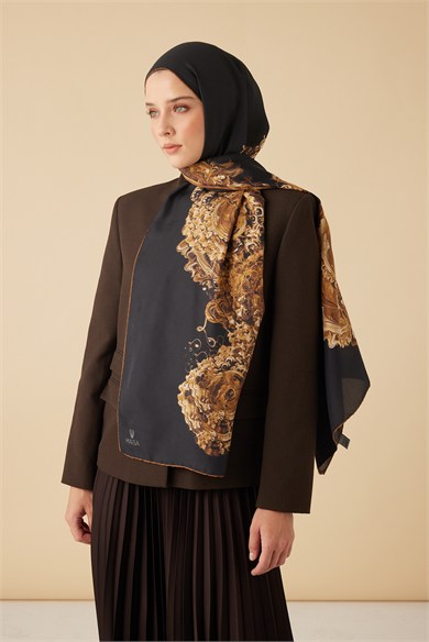HARE PAMUK İPEK ŞAL 70*190 CM - GOLD SİYAH