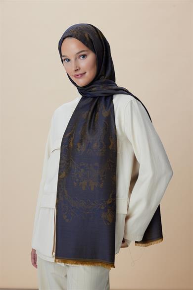 JADE JAKARLI MODAL İPEK ŞAL 70*200 CM - GOLD LACİVERT