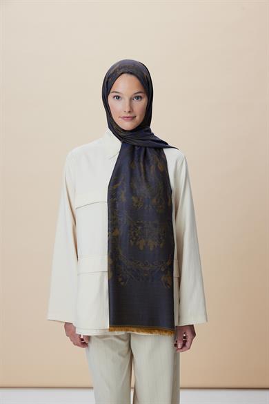 JADE JAKARLI MODAL İPEK ŞAL 70*200 CM - GOLD LACİVERT