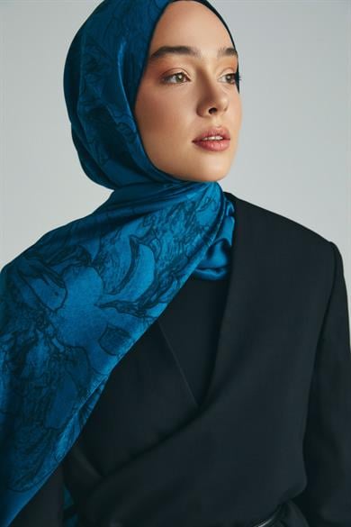 KEHRİBAR PAMUK İPEK ŞAL 70*190 CM - PETROL MAVİSİ