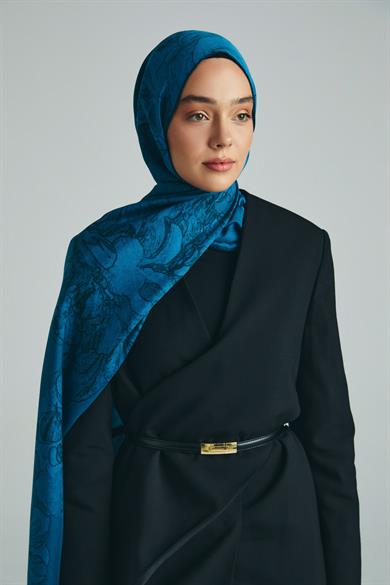 KEHRİBAR PAMUK İPEK ŞAL 70*190 CM - PETROL MAVİSİ