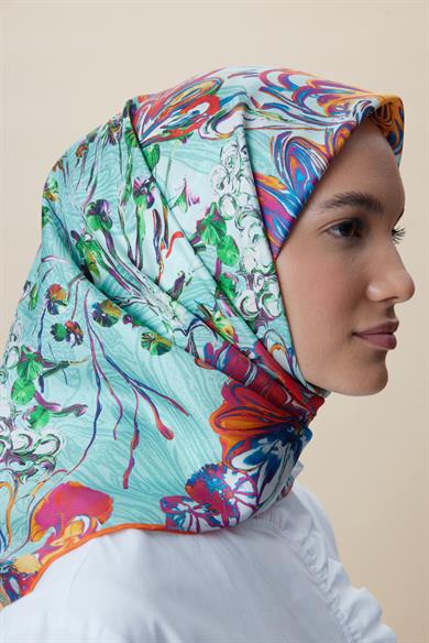 KORAL MULBERRY İPEK EŞARP 90*90 CM - TURKUAZ