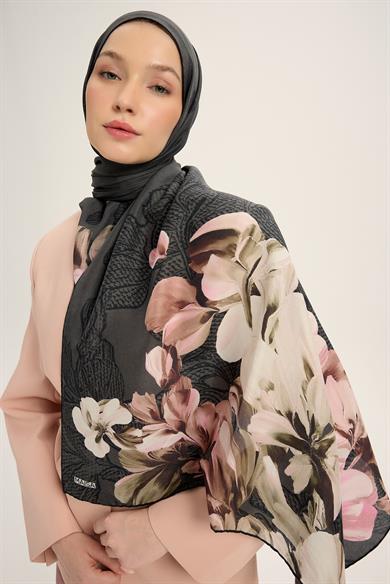 LAL PAMUK İPEK ŞAL 70*190 CM - FÜME