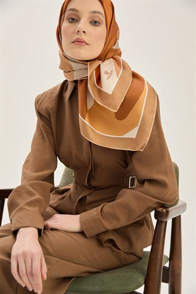 LALE TİVİL İPEK EŞARP 90*90 CM - CAMEL