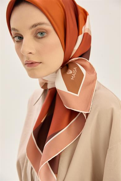 LALE TİVİL İPEK EŞARP 90*90 CM - KAHVERENGİ