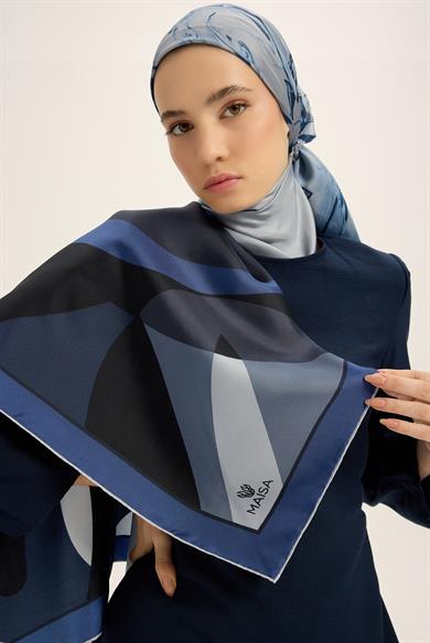 LALE TİVİL İPEK EŞARP 90*90 CM - KOYU MAVİ