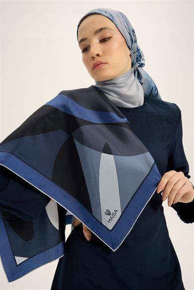 LALE TİVİL İPEK EŞARP 90*90 CM - KOYU MAVİ