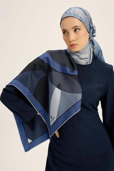 LALE TİVİL İPEK EŞARP 90*90 CM - KOYU MAVİ