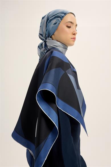 LALE TİVİL İPEK EŞARP 90*90 CM - KOYU MAVİ