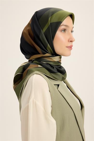 LALE TİVİL İPEK EŞARP 90*90 CM - KOYU YEŞİL