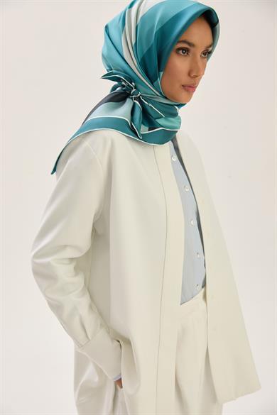 LALE TİVİL İPEK EŞARP 90*90 CM - PETROL MAVİ