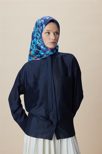LARİN TİVİL İPEK EŞARP 90*90 CM - LACİVERT