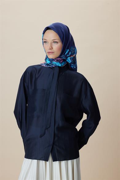 LARİN TİVİL İPEK EŞARP 90*90 CM - LACİVERT