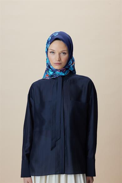 LARİN TİVİL İPEK EŞARP 90*90 CM - LACİVERT