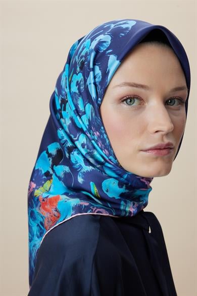 LARİN TİVİL İPEK EŞARP 90*90 CM - LACİVERT