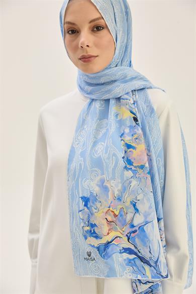 MECZ KREP İPEK ŞAL 70*190 CM - MAVİ