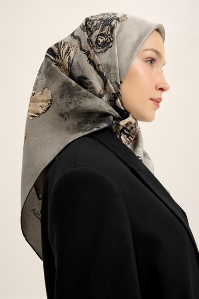 NARİN TİVİL İPEK EŞARP 90*90 CM - GRİ