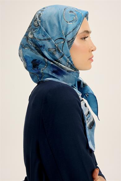 NARİN TİVİL İPEK EŞARP 90*90 CM - MAVİ