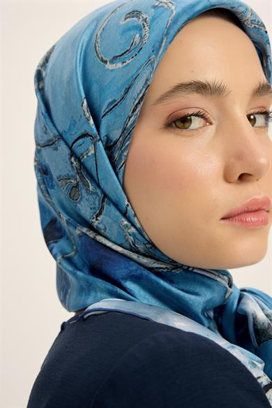 NARİN TİVİL İPEK EŞARP 90*90 CM - MAVİ