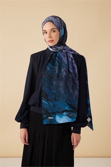 NEFES KREP İPEK ŞAL 70*190 CM - GECE MAVİSİ