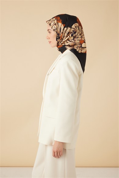 NEŞVE TİVİL İPEK EŞARP 90*90 CM - SİYAH TURUNCU