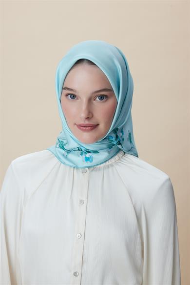 NEVA ÇİFT TARAFLI TİVİL İPEK EŞARP 90*90 CM - AÇIK MAVİ