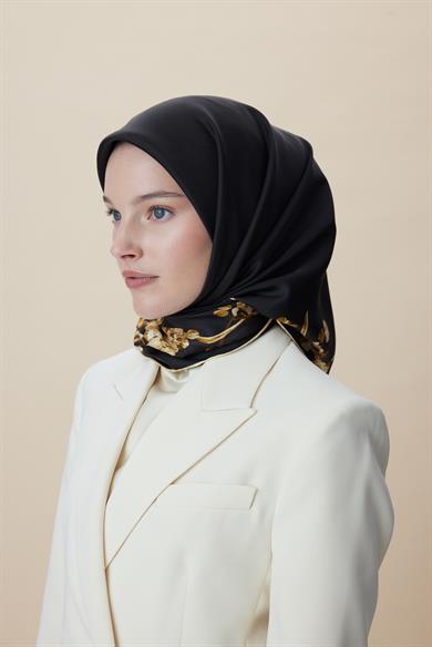 NEVA ÇİFT TARAFLI TİVİL İPEK EŞARP 90*90 CM - SİYAH