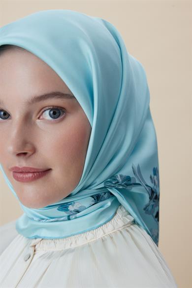 NEVA ÇİFT TARAFLI TİVİL İPEK EŞARP 90*90 CM - AÇIK MAVİ