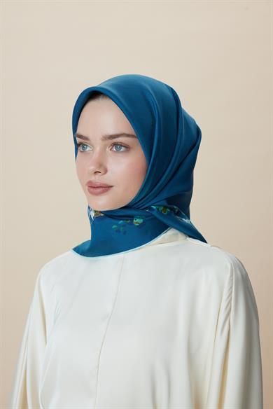 NEVA ÇİFT TARAFLI TİVİL İPEK EŞARP 90*90 CM - LACİVERT MAVİ