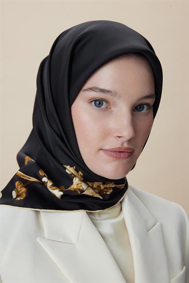 NEVA ÇİFT TARAFLI TİVİL İPEK EŞARP 90*90 CM - SİYAH