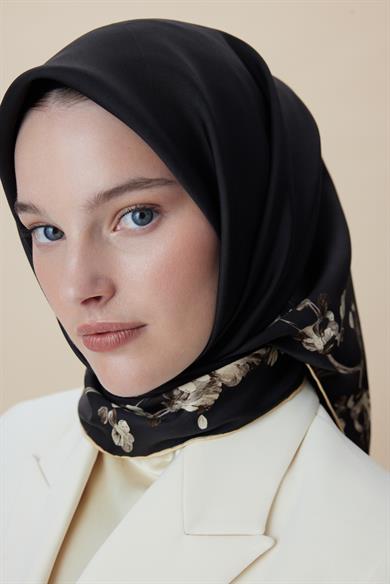 NEVA ÇİFT TARAFLI TİVİL İPEK EŞARP 90*90 CM - SİYAH