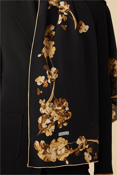 NEVA KREP İPEK ŞAL 70*190 CM - GOLD SİYAH