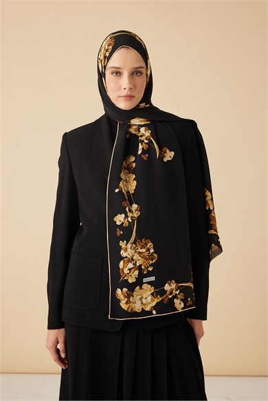 NEVA KREP İPEK ŞAL 70*190 CM - GOLD SİYAH