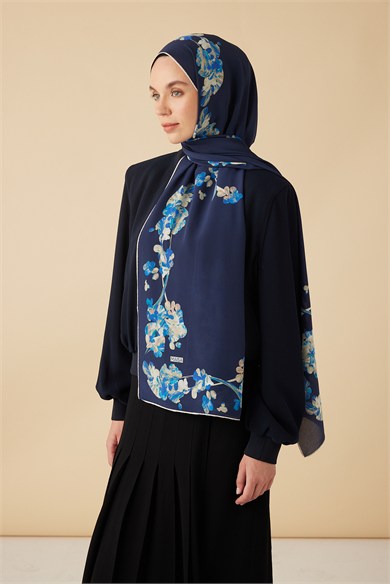 NEVA KREP İPEK ŞAL 70*190 CM - LACİVERT