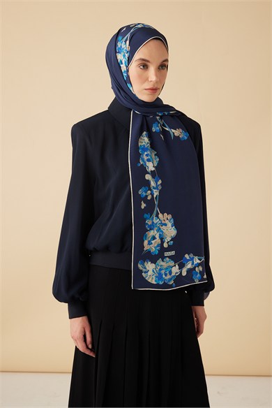 NEVA KREP İPEK ŞAL 70*190 CM - LACİVERT