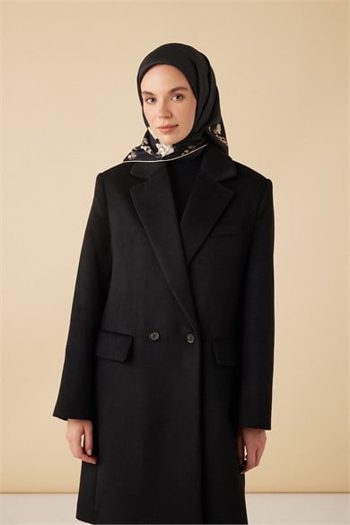 NEVA TİVİL İPEK EŞARP 90*90 CM - SİYAH BEJ