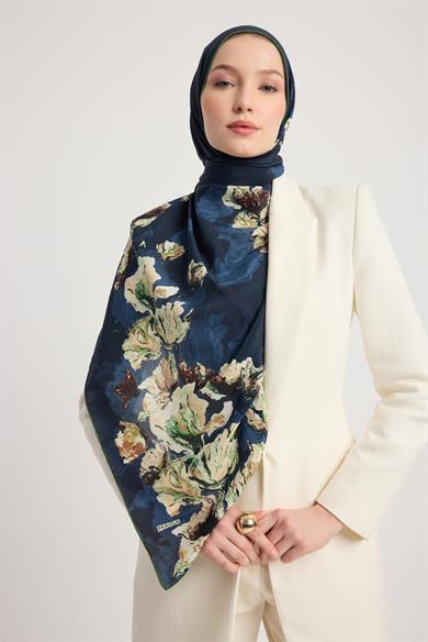 NEVBAHAR KREP İPEK ŞAL 70*190 CM - LACİVERT