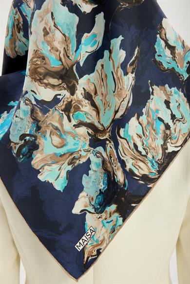 NEVBAHAR TİVİL İPEK EŞARP 90*90 CM - KOYU MAVİ